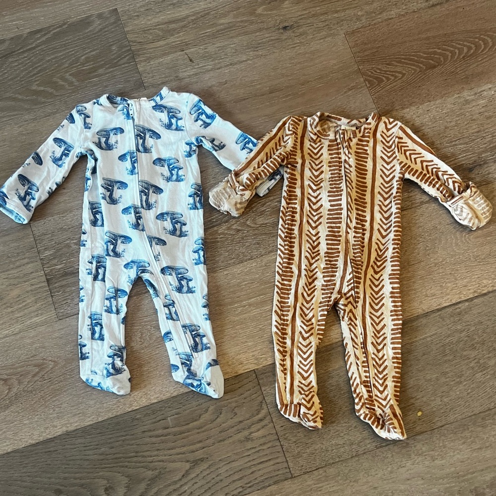 Bundle of 2 Kate Quinn Blue Mushroom and Brown Chevron Baby Footies Pajamas